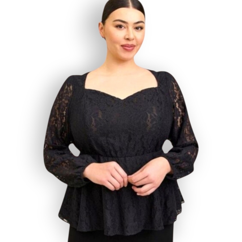 Torrid 2X Black sweetheart neck peplum lace puff sleeve blouse gothic - Picture 2 of 12